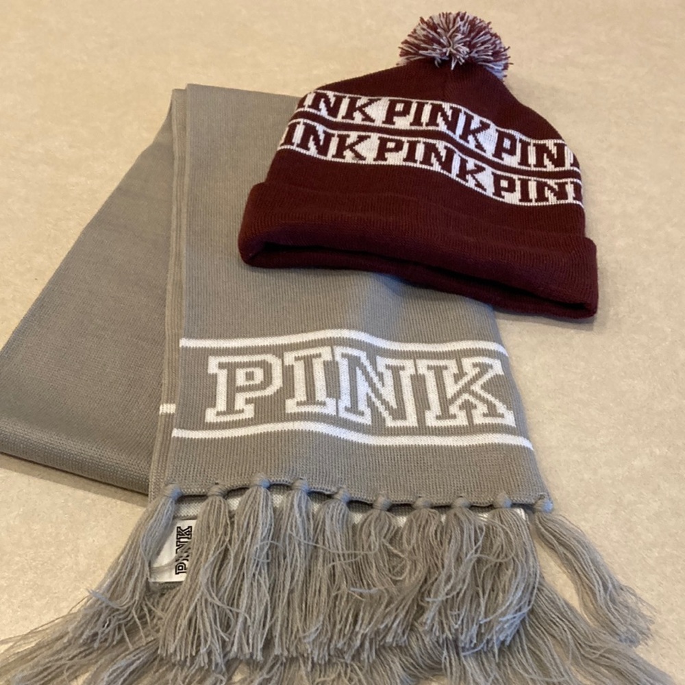 Victoria’s Secret PINK grey scarf and burgundy beanie set!!!!